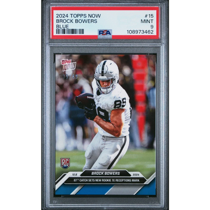 PSA graded 2024 Topps Now Brock Bowers Blue football card in Treasure display