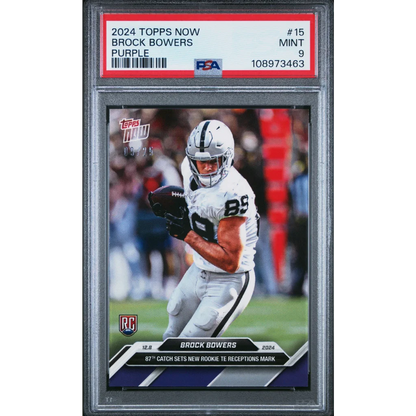 A graded 2024 Topps Now Brock Bowers Purple football card in a PSA case