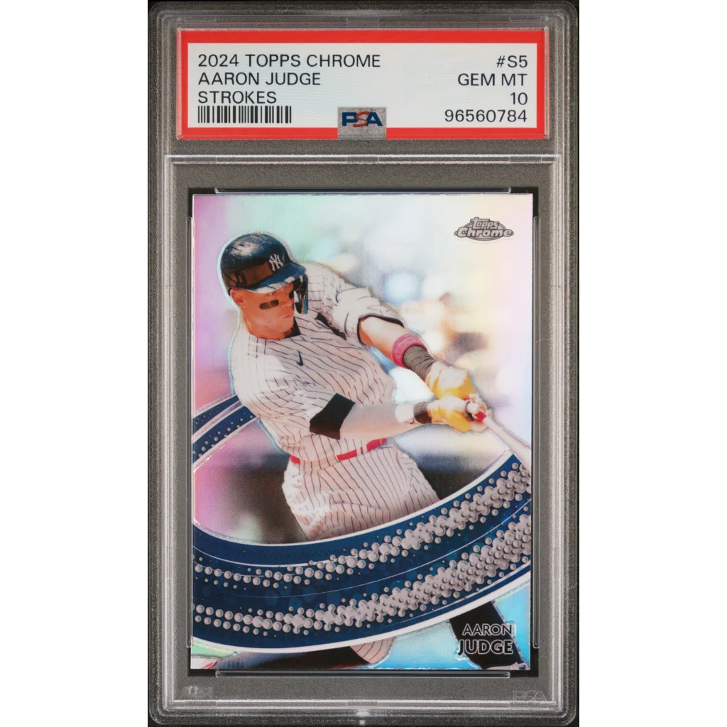 A graded 2024 Topps Chrome Aaron Judge baseball card in PSA Treasure display