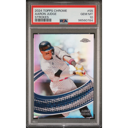 A graded 2024 Topps Chrome Aaron Judge baseball card in PSA Treasure display
