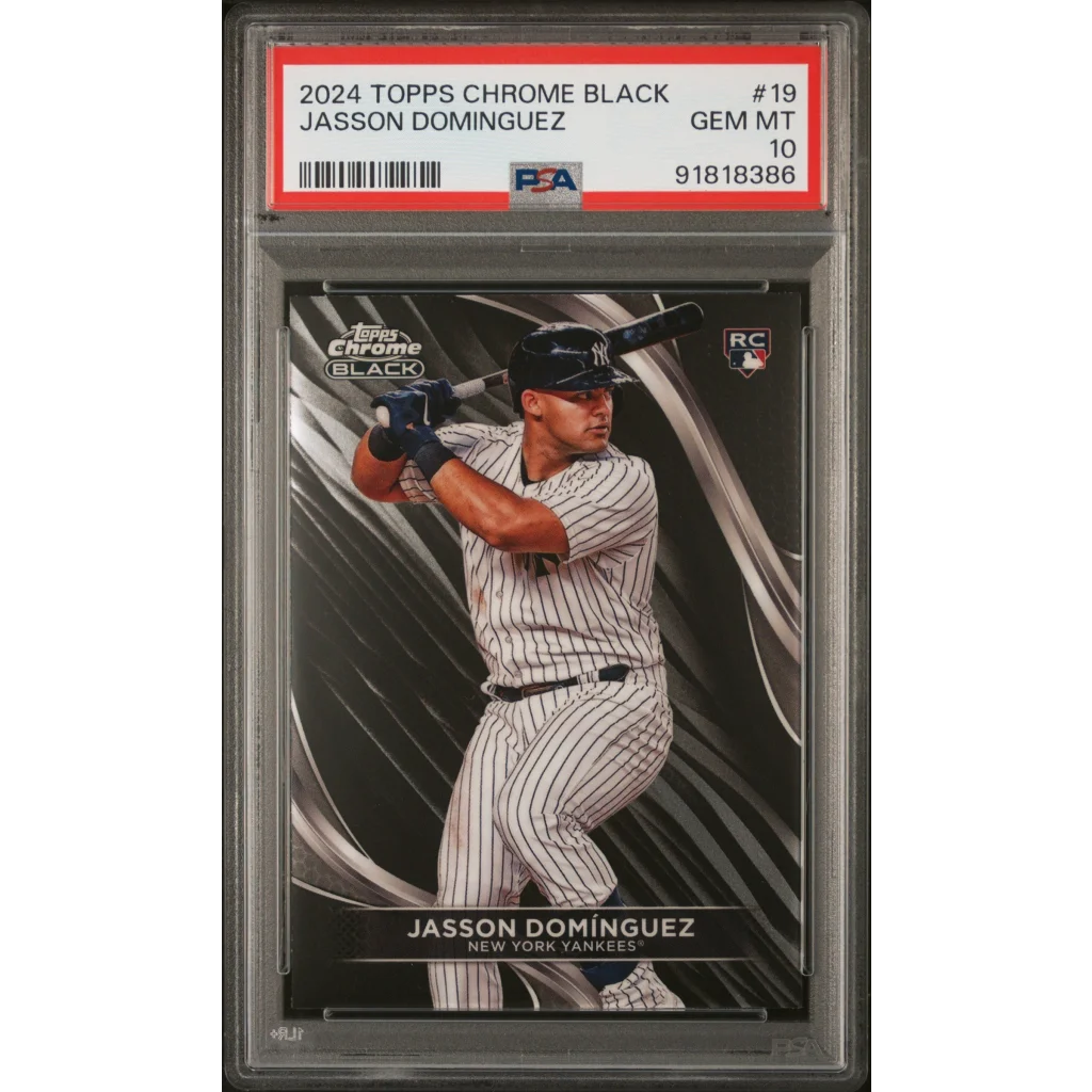 PSA Grade 10 Topps Chrome Black Jasson Dominguez baseball card in treasure display