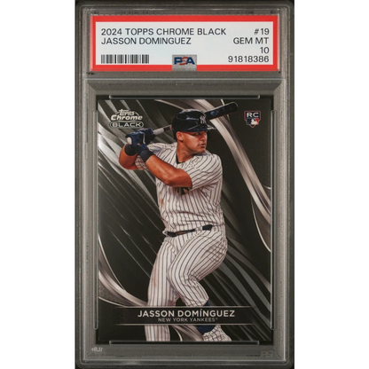 PSA Grade 10 Topps Chrome Black Jasson Dominguez baseball card in treasure display