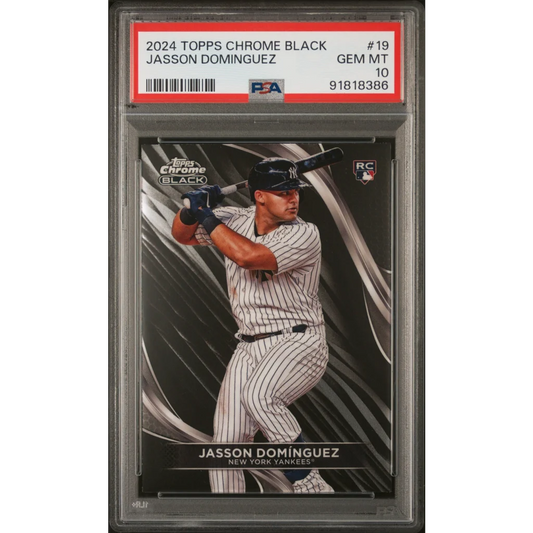 PSA Grade 10 Topps Chrome Black Jasson Dominguez baseball card in treasure display