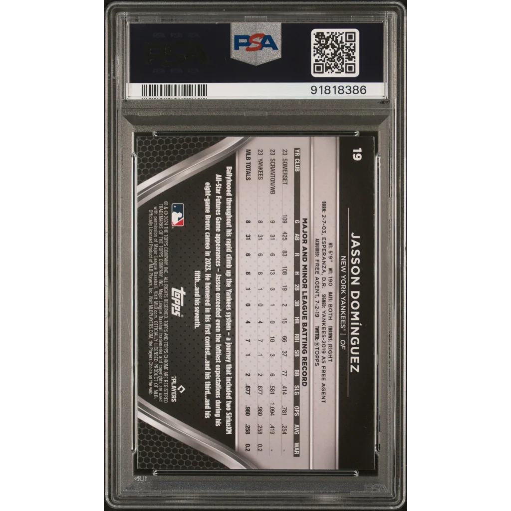 Graded 2019 Topps Jasson Dominguez rookie card in PSA 10 slab