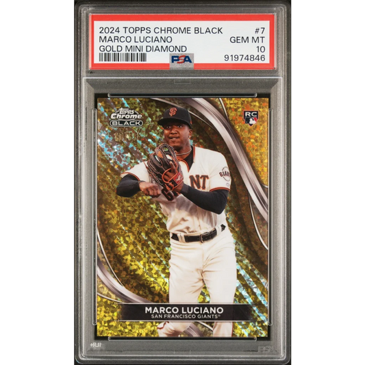 Graded 2024 Topps Chrome Black Marco Luciano #7 Gold Mini Diamond #/50 Rookie RC Baseball Card PSA 10 Gem Mint | Hall of Fame Sports Memorabilia | vintageantiquesgifts.com