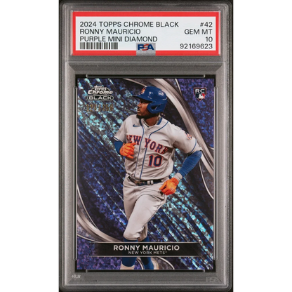 Graded 2024 Topps Chrome Black Ronny Mauricio #42 Purple Mini Diamond #/150 Rookie RC Baseball Card PSA 10 Gem Mint | Hall of Fame Sports Memorabilia | vintageantiquesgifts.com