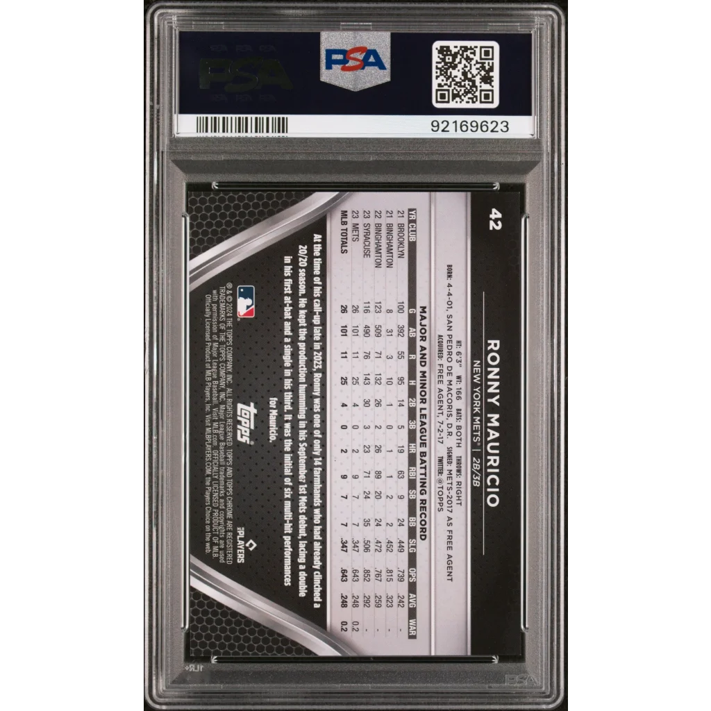 Graded 2024 Topps Chrome Black Ronny Mauricio #42 Purple Mini Diamond #/150 Rookie RC Baseball Card PSA 10 Gem Mint | PSA 10 Gem Mint Graded Rookie Card | vintageantiquesgifts.com