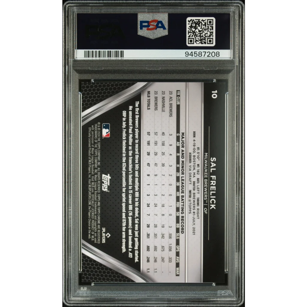 Graded Topps Chrome Black Sal Frelick Gold Refractor sports card in product display