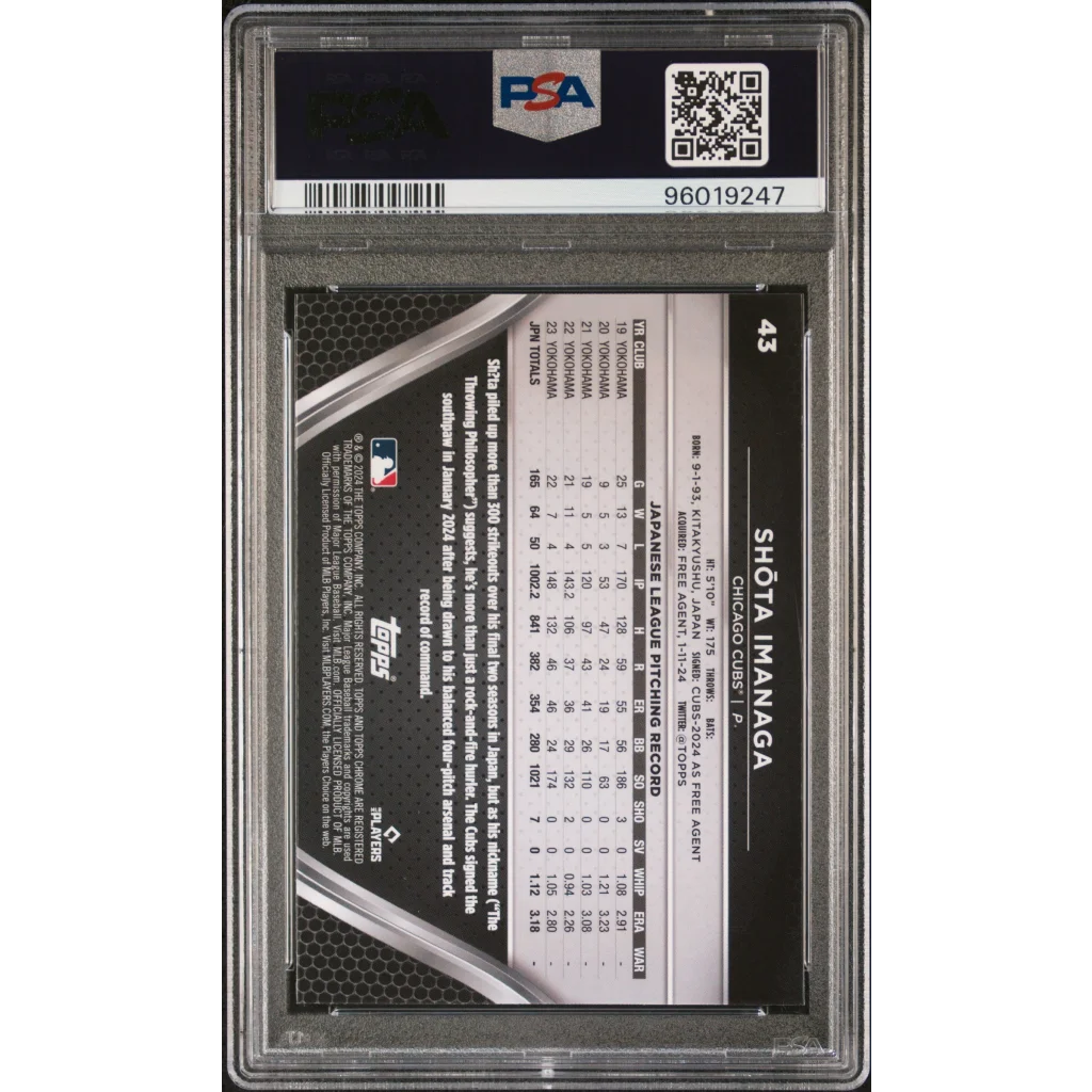 Black Shota Imanaga baseball card PSA in Topp’s Chrome Black holder, gem mint graded