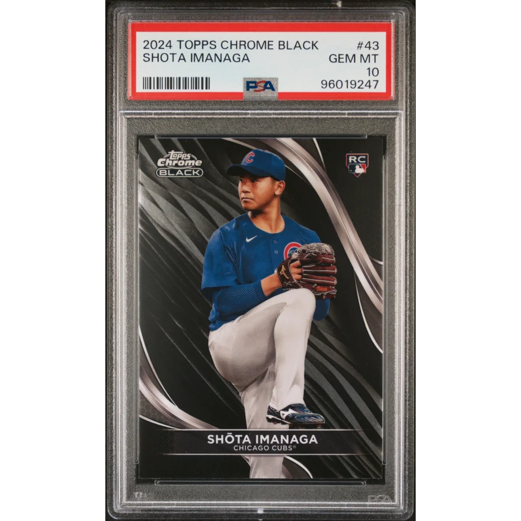 Black Shota Imanaga Topps Chrome Black baseball card PSA GEM MT 10 display
