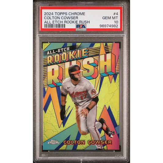 Graded 2024 Topps Chrome Colton Cowser Rookie Rush Baseball Card in PSA case