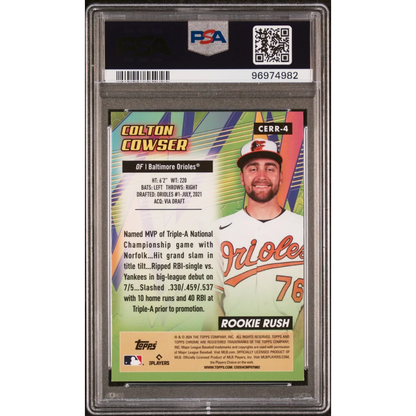 Graded Colton Cowser 2024 Topps Chrome Rookie Rush baseball card in PSA case