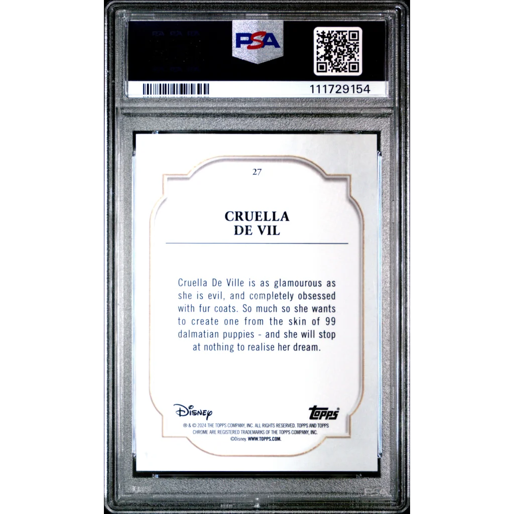 Graded 2024 Topps Chrome Disney Cruella De Vil 27 Purple Refractor 199 101 Dalmatians Trading Card PSA 10 Gem Mint | PSA 10 Gem Mint Graded Collectible Card | vintageantiquesgifts.com