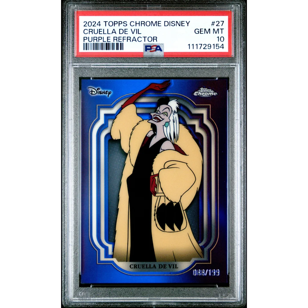 Graded 2024 Topps Chrome Disney Cruella De Vil 27 Purple Refractor 199 101 Dalmatians Trading Card PSA 10 Gem Mint | Hall of Fame Sports Memorabilia | vintageantiquesgifts.com
