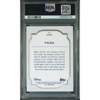 Graded PSA 10 Topps Chrome Disney Pacha Refractor Card with white and gold border design