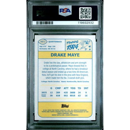 Graded 2024 Topps Chrome Drake Maye #74TF3 1974 Topps Football Rookie RC Football Card PSA 10 Gem Mint