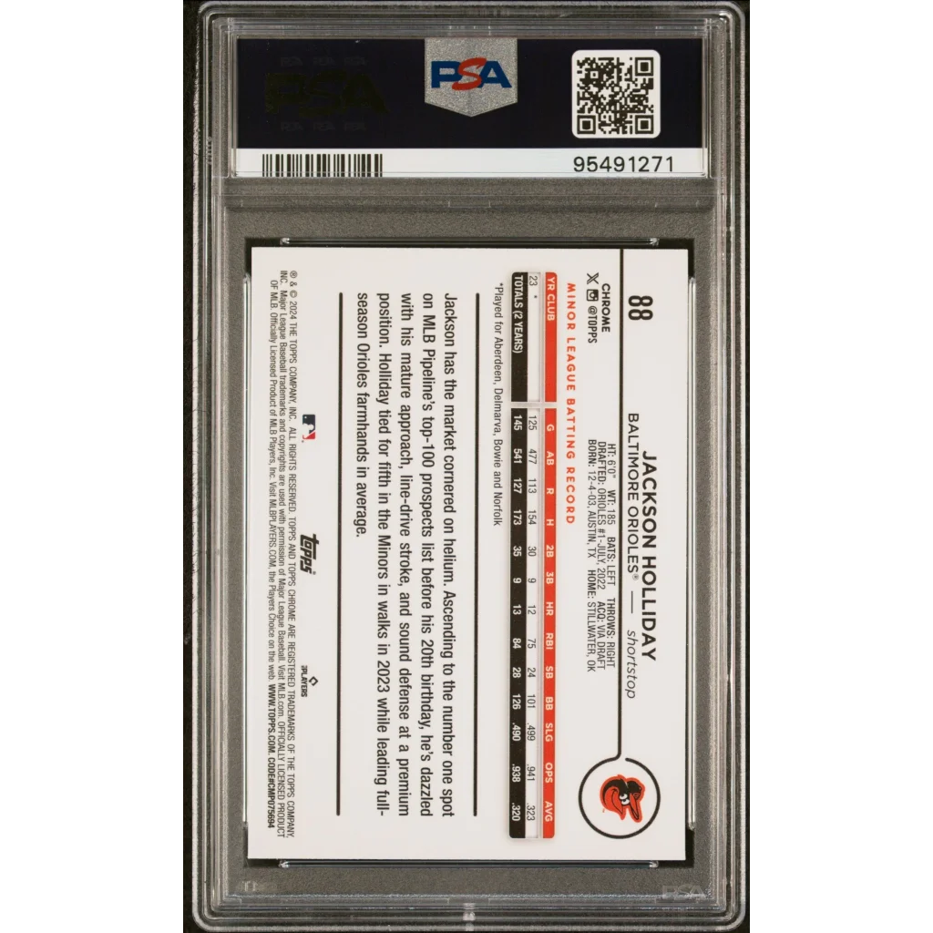 Graded 2024 Topps Chrome Jackson Holliday #88 Rookie RC Baseball Card PSA 10 Gem Mint | PSA 10 Gem Mint Graded Rookie Card | vintageantiquesgifts.com