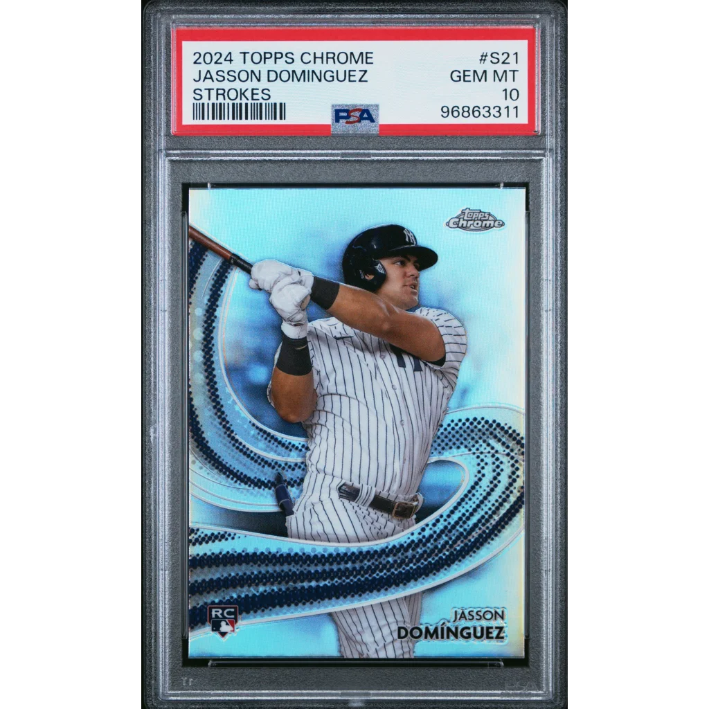 PSA graded Jasson Dominguez 2024 Topps Chrome baseball card from professional sports authenticator
