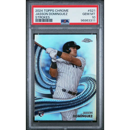 PSA graded Jasson Dominguez 2024 Topps Chrome baseball card from professional sports authenticator