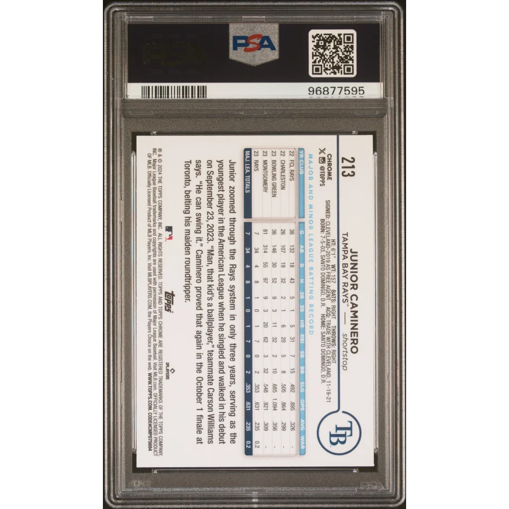 PSA 10 Graded 2024 Topps Chrome Junior Caminero #213 Rookie RC Baseball Card Back