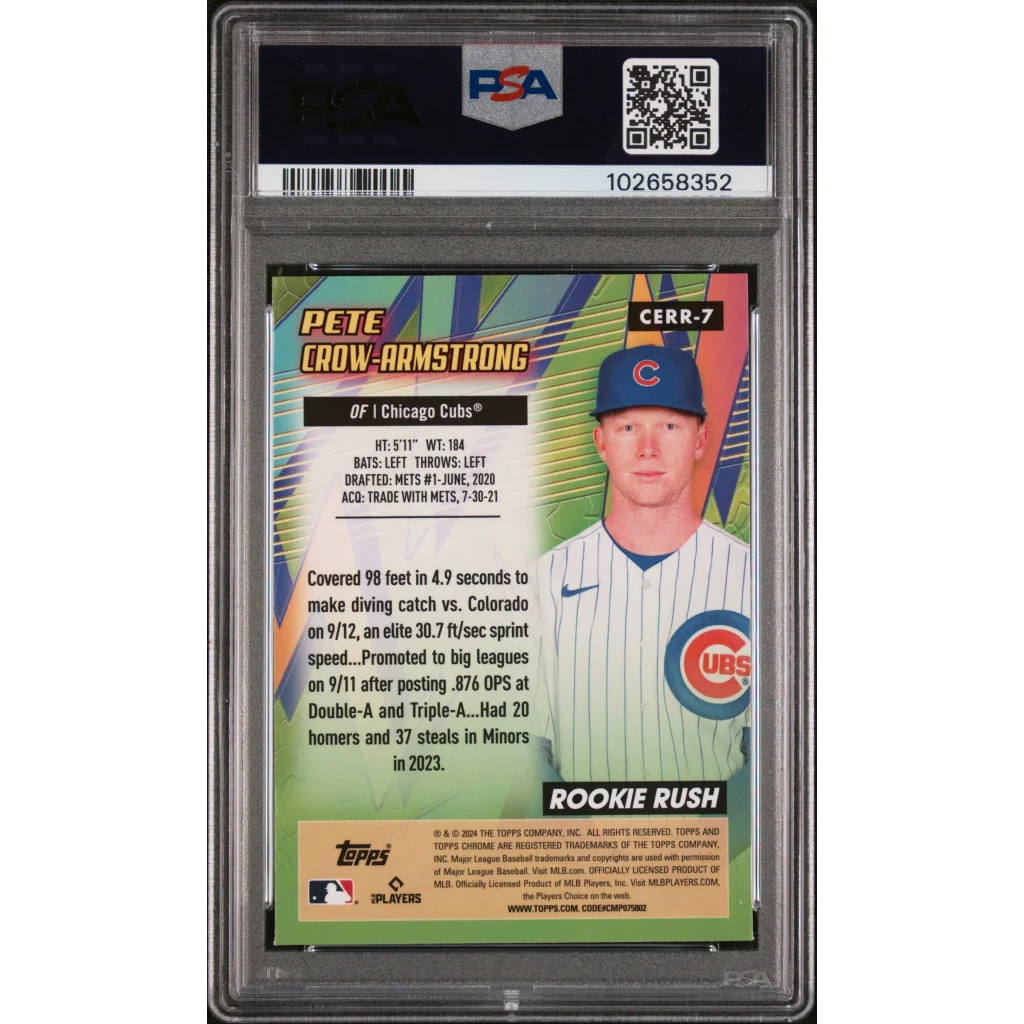 This is the back of a graded 2024 Topps Chrome Pete Crow Armstrong rookie card showing stats on a green blue background