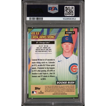 This is the back of a graded 2024 Topps Chrome Pete Crow Armstrong rookie card showing stats on a green blue background