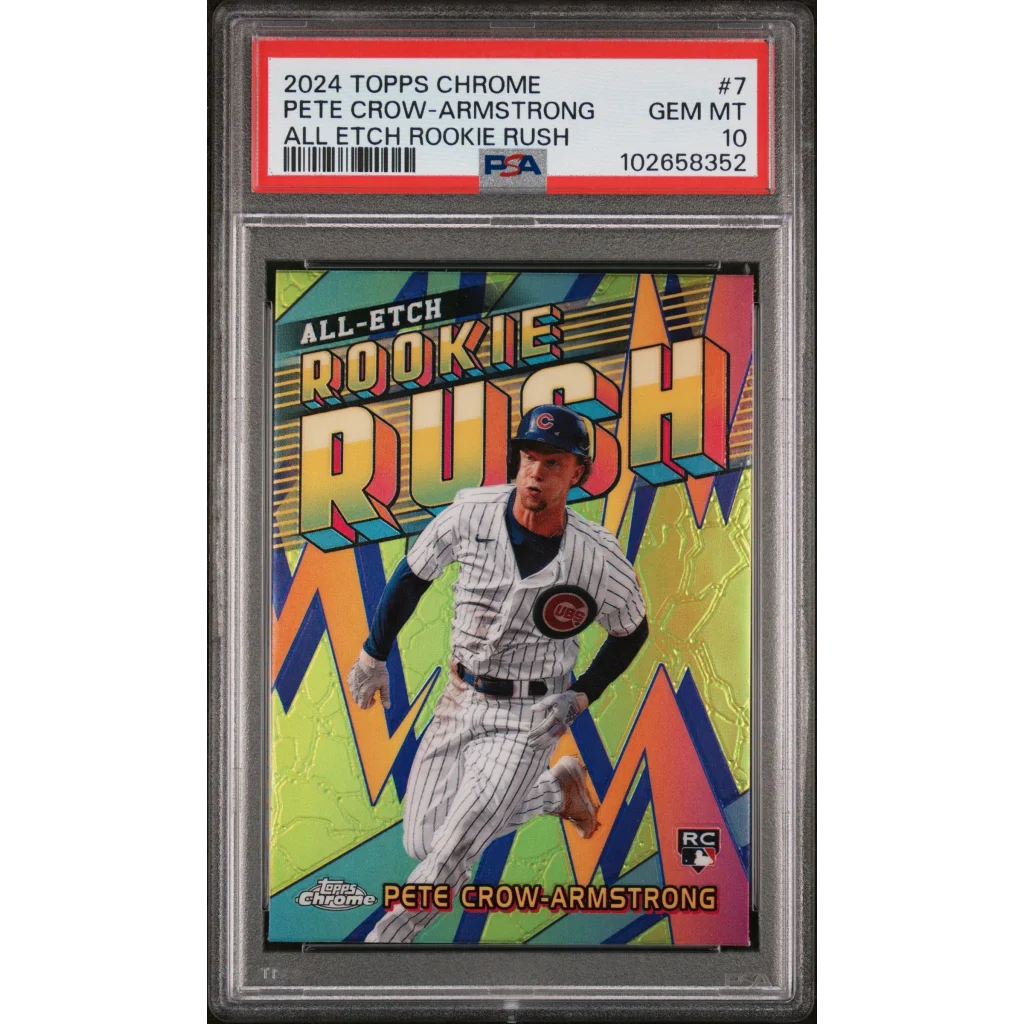 Graded 2024 Topps Chrome Pete Crow Armstrong all etch rookie rush baseball card in white pinstripe Chicago Cubs uniform
