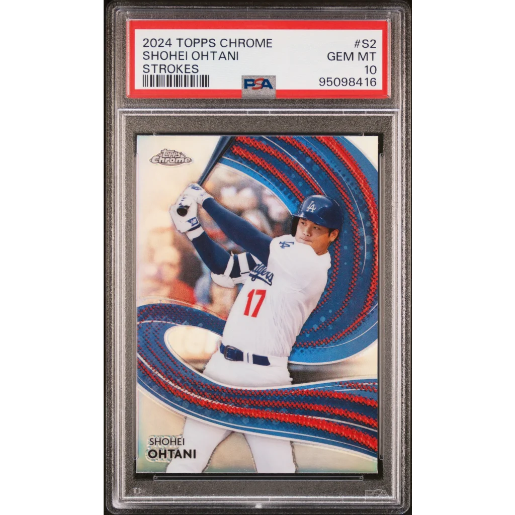 Graded 2024 Topps Chrome Shohei Ohtani #S2 baseball card featuring action shot in dodgers uniform with red and blue swirls