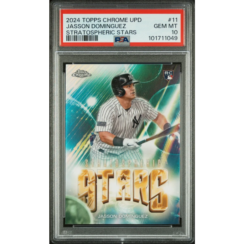 Graded 2024 Topps Chrome Update Jasson Dominguez #11 Stratospheric Stars Rookie RC Baseball Card PSA 10 Gem Mint | Hall of Fame Sports Memorabilia | vintageantiquesgifts.com