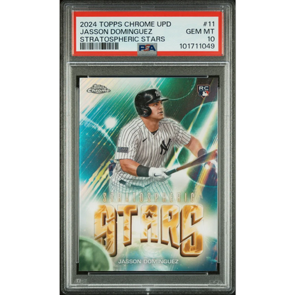 Graded 2024 Topps Chrome Update Jasson Dominguez #11 Stratospheric Stars Rookie RC Baseball Card PSA 10 Gem Mint | Hall of Fame Sports Memorabilia | vintageantiquesgifts.com