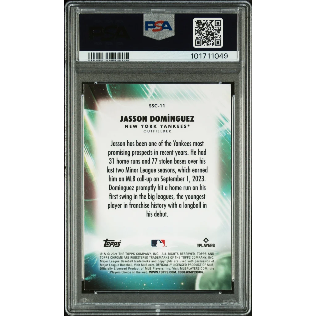 Graded 2024 Topps Chrome Update Jasson Dominguez #11 Stratospheric Stars Rookie RC Baseball Card PSA 10 Gem Mint | PSA 10 Gem Mint Graded Rookie Card | vintageantiquesgifts.com