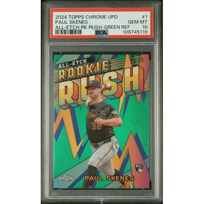 Graded 2024 Topps Chrome Update Paul Skenes #1 /99 All Etch Rookie Rush Green Refractor Rookie RC Baseball Card PSA 10 Gem Mint | Hall of Fame Sports Memorabilia | vintageantiquesgifts.com