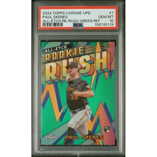 Graded 2024 Topps Chrome Update Paul Skenes #1 /99 All Etch Rookie Rush Green Refractor Rookie RC Baseball Card PSA 10 Gem Mint | Hall of Fame Sports Memorabilia | vintageantiquesgifts.com