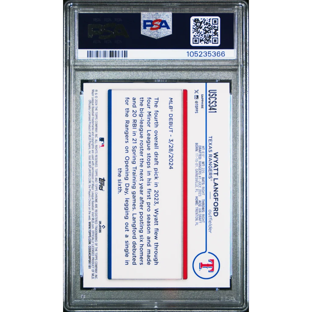 Graded 2024 Topps Chrome Update Sapphire Edition Wyatt Langford #341 Rookie RC Baseball Card PSA 10 Gem Mint | PSA 10 Gem Mint Graded Rookie Card | vintageantiquesgifts.com