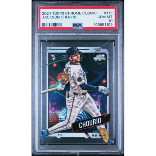 Graded PSA 10 2024 Topps Chrome Cosmic Jackson Chourio Rookie #179 card