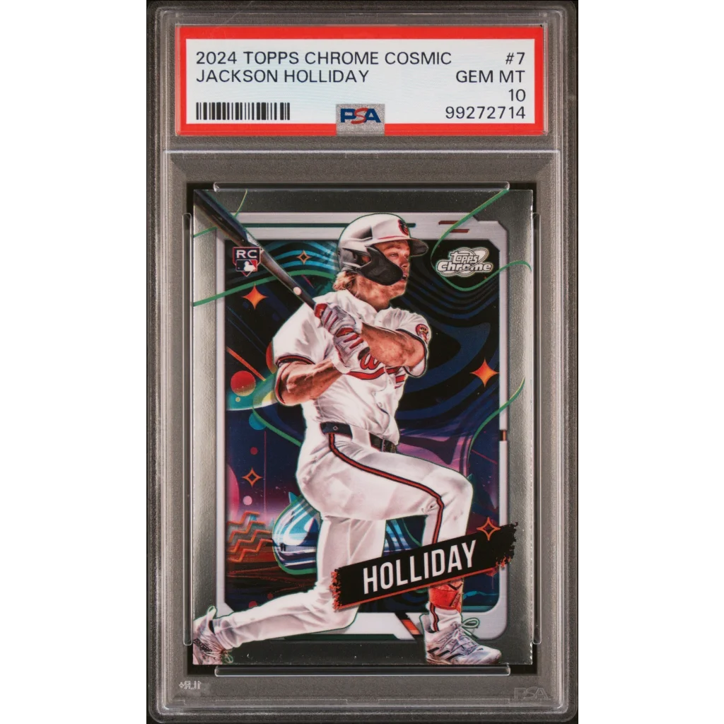 PSA Graded Jackson Holliday 2024 Topps Chrome Cosmic Baseball Card showing vibrant design
