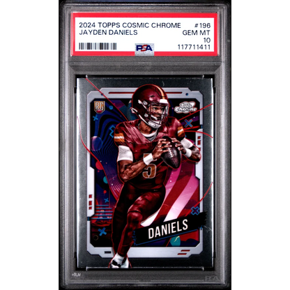 PSA graded Jayden Daniels 2024 Topps Cosmic Chrome rookie card in burgundy gold uniform