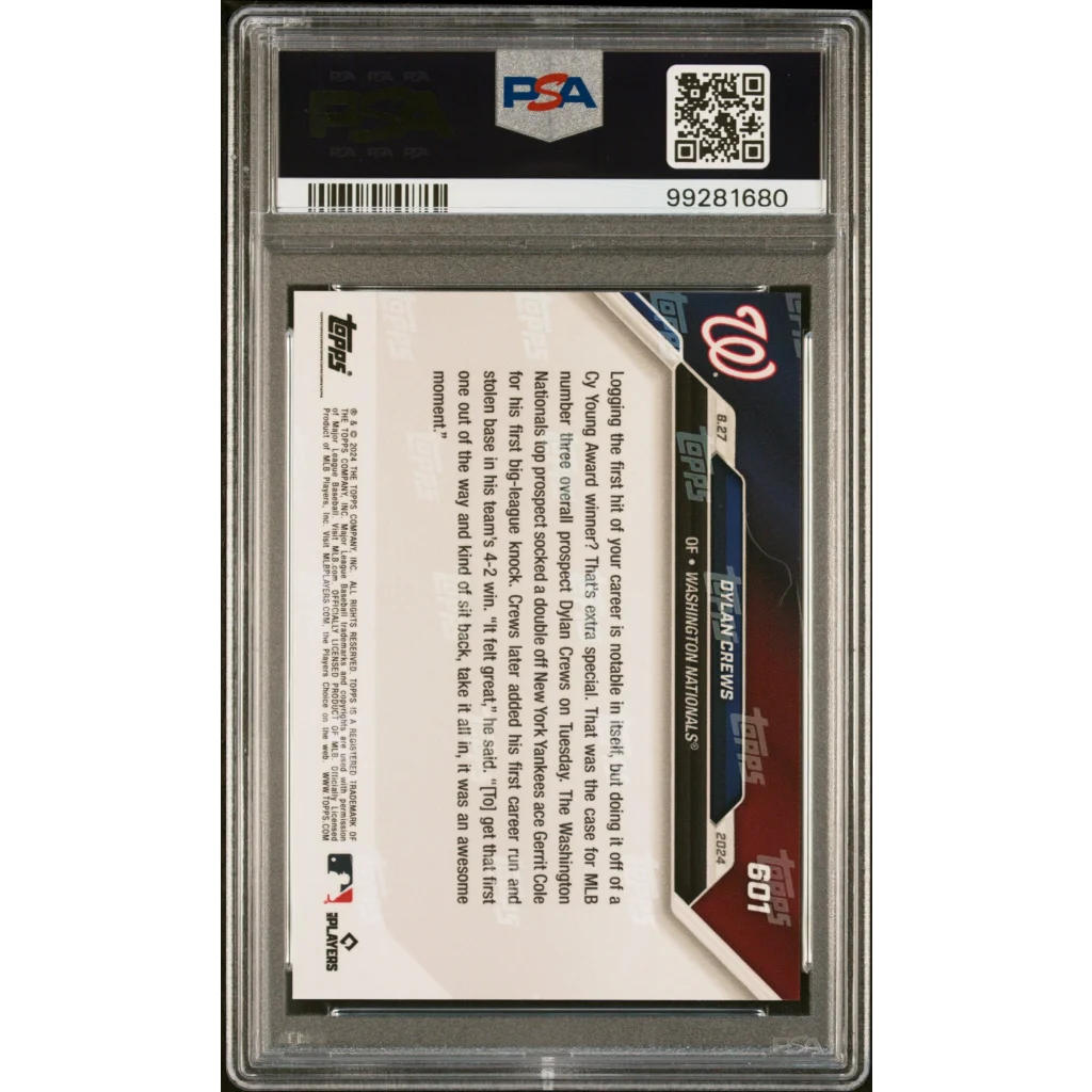 Back of graded PSA 10 2024 Topps Now Dylan Crews #601 Nationals rookie card