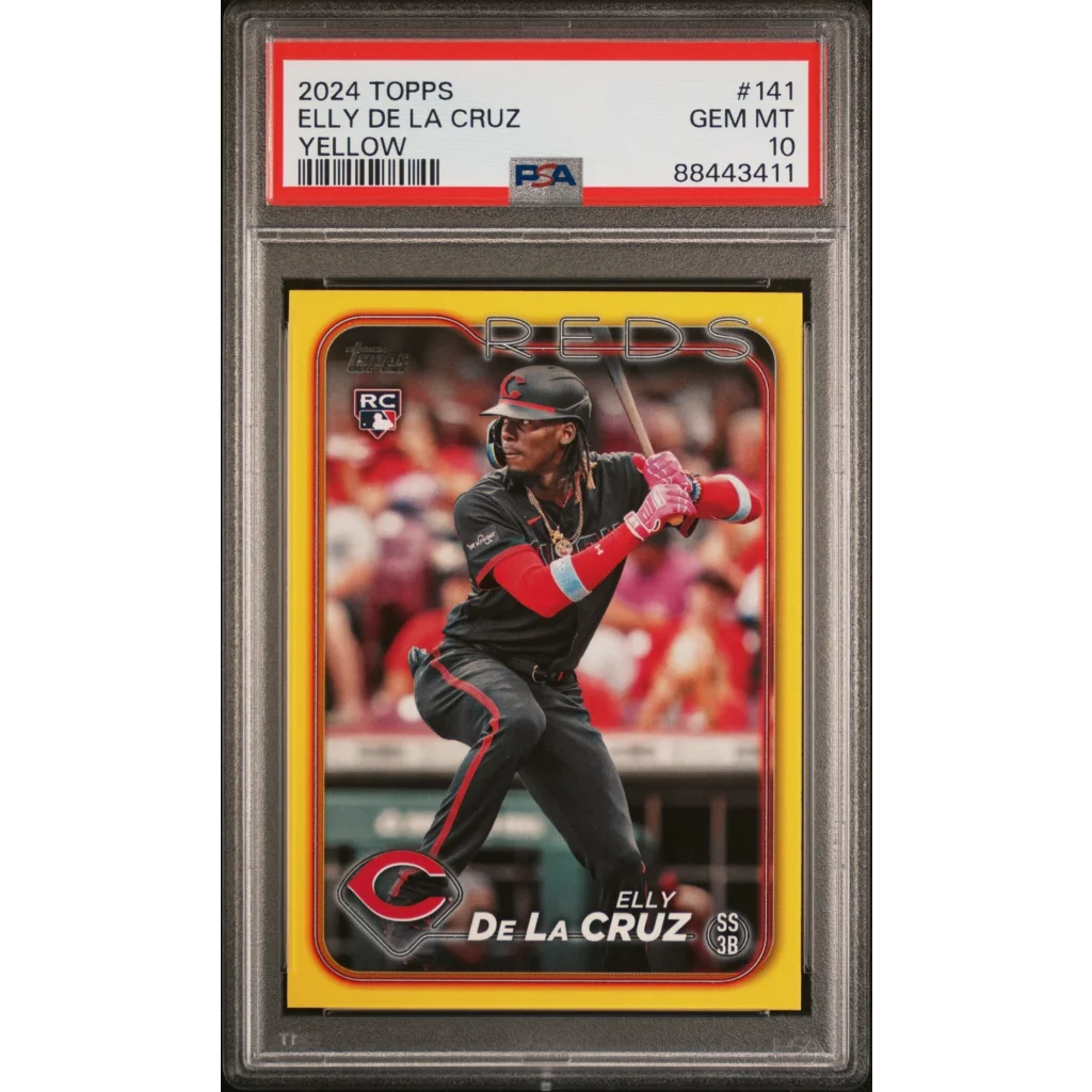 PSA Graded 2024 Topps Elly De La Cruz Yellow Baseball Card on display