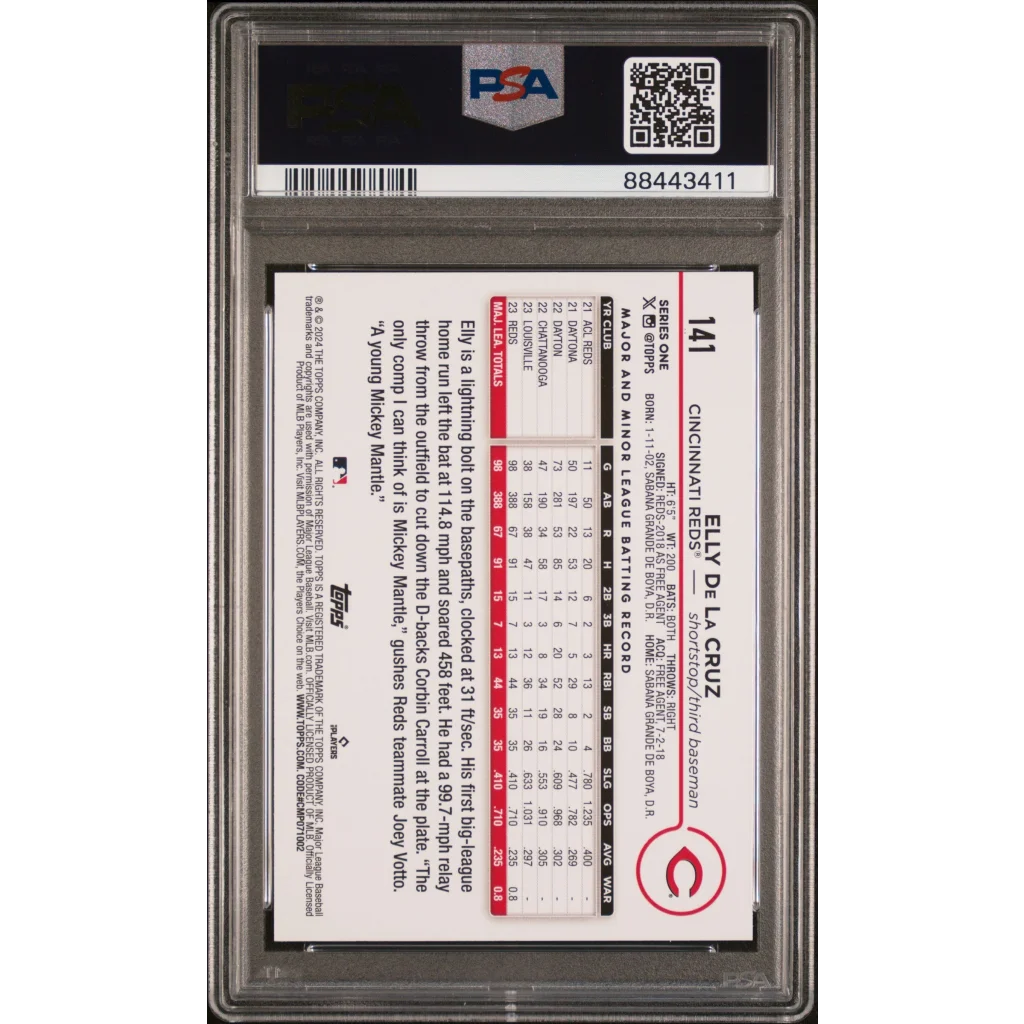 A graded Elly De La Cruz 2024 Topps baseball card in yellow PSA case