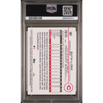 A graded Elly De La Cruz 2024 Topps baseball card in yellow PSA case
