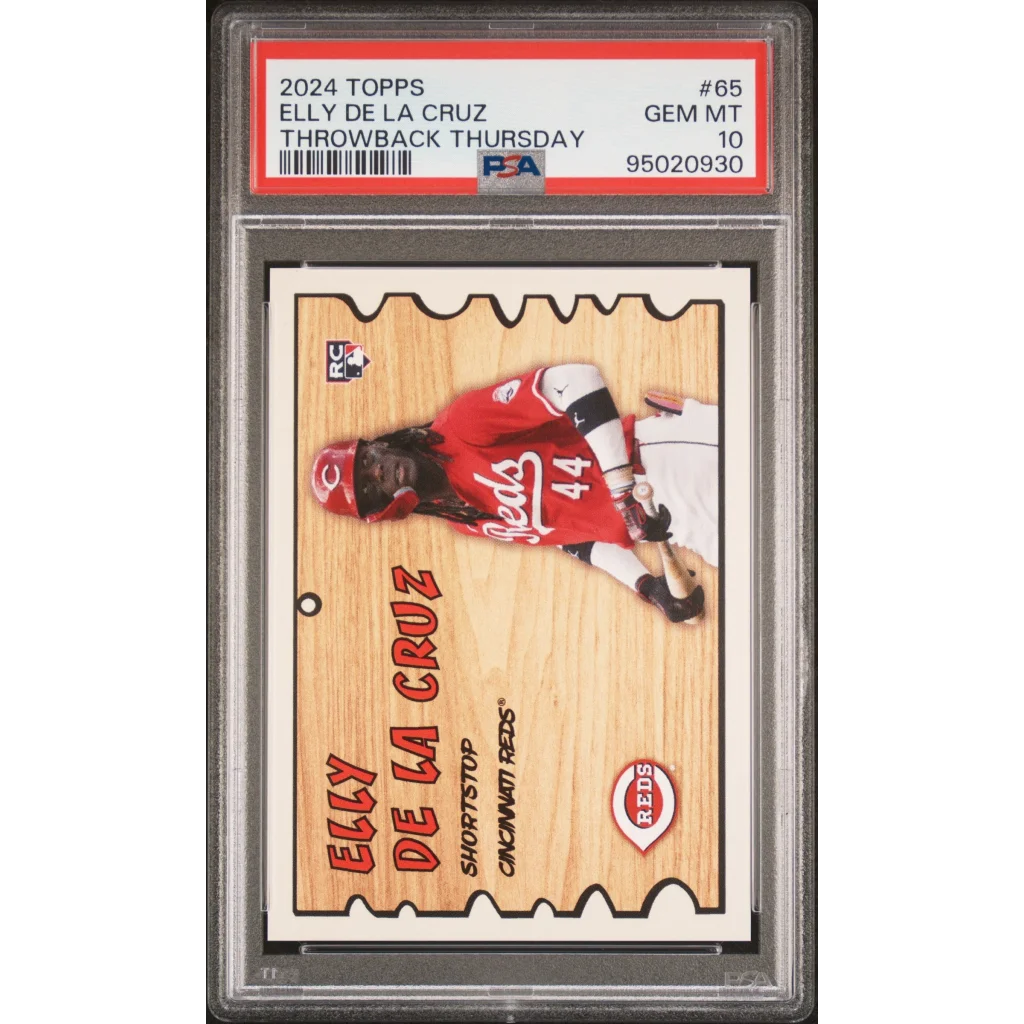 Graded 2024 Topps Elly De La Cruz Throwback Thursday baseball card in a cool display