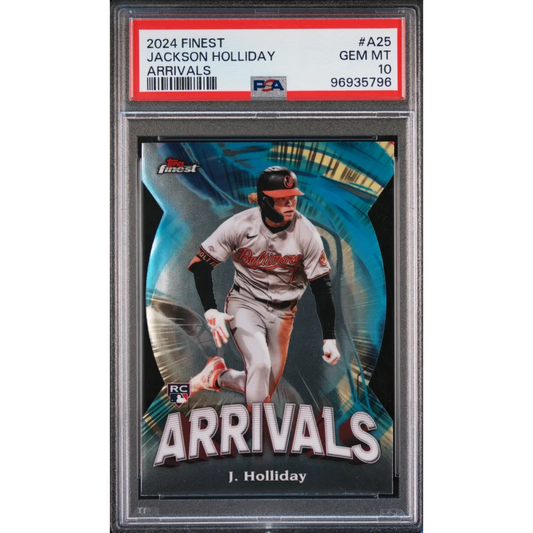 2024 Finest Jackson Holliday baseball card graded Gem Mint 10 by PSA, a professional sports authenticator product