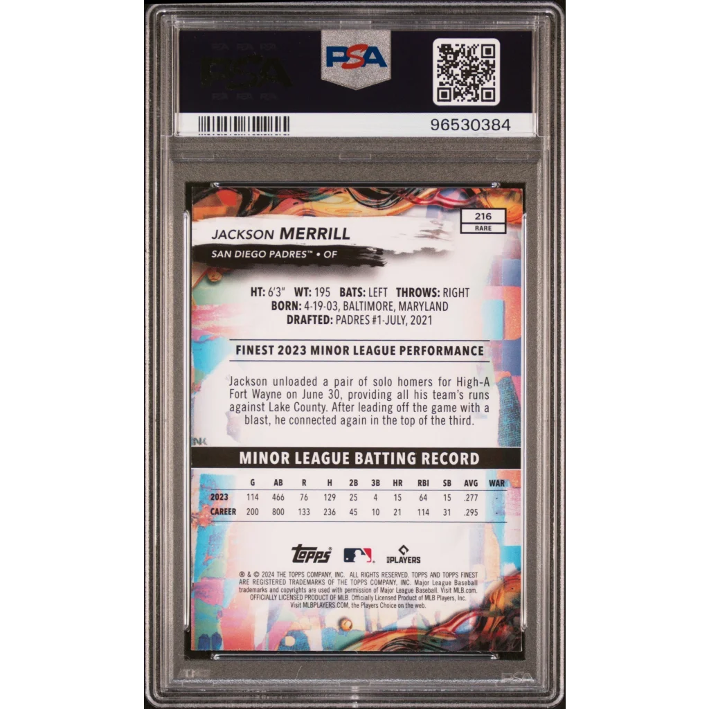PSA Graded Jackson Merrill 2024 Finest Rookie Card for Baseball Card Collectors