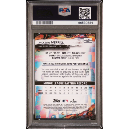 PSA Graded Jackson Merrill 2024 Finest Rookie Card for Baseball Card Collectors