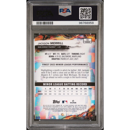 Graded 2024 Topps Finest Jackson Merrill #96 Rookie RC Baseball Card PSA 10 Gem Mint | PSA 10 Gem Mint Graded Rookie Card | vintageantiquesgifts.com