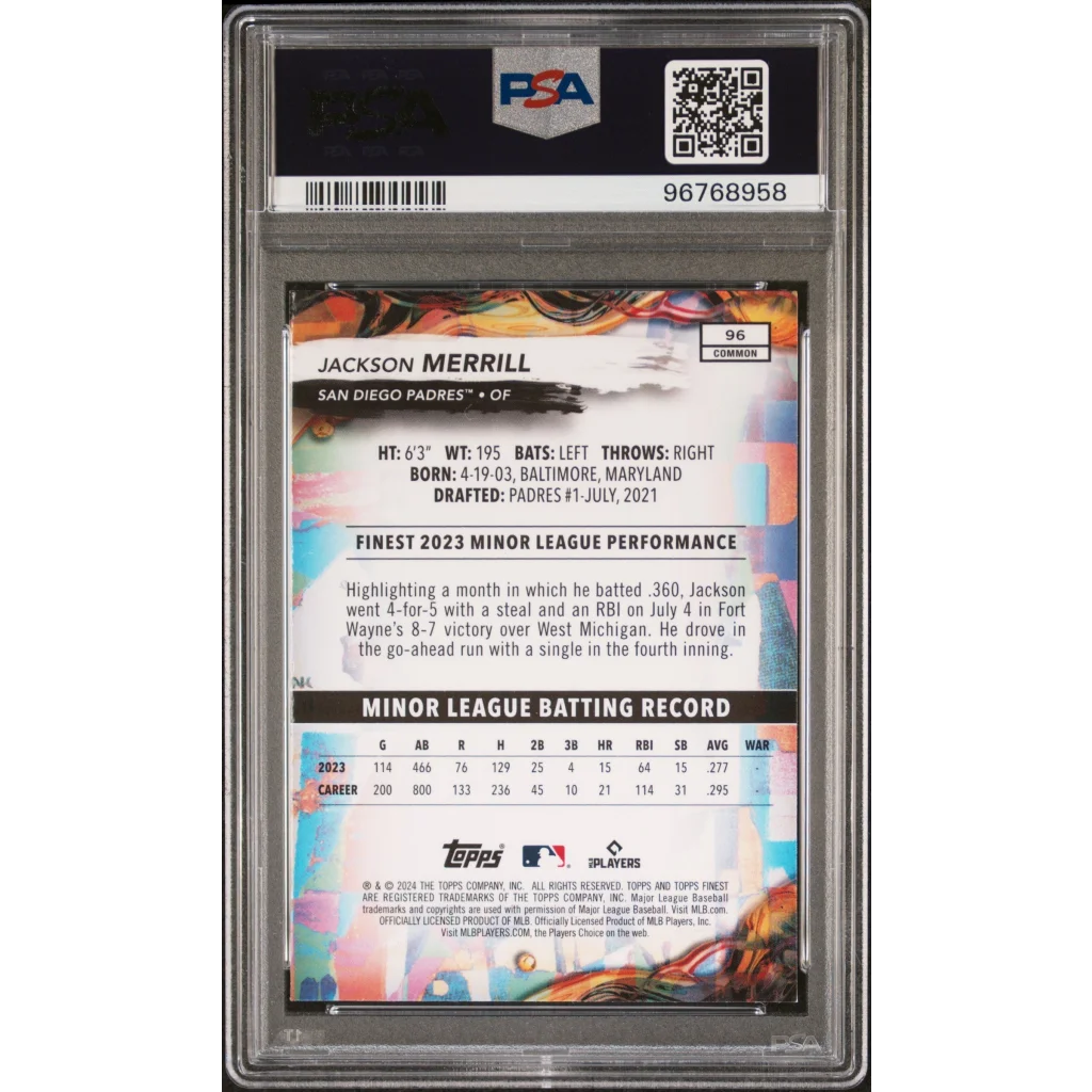 Graded Jackson Merrill baseball card in slab by PSA Gem Mint 10 professional sports authenticator