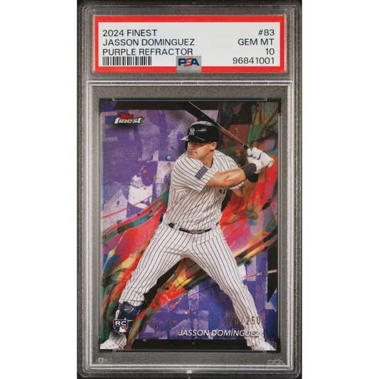 Graded 2024 Topps Finest Jasson Dominguez #83 Purple Refractor #/250 Rookie RC Baseball Card PSA 10 Gem Mint | Hall of Fame Sports Memorabilia | vintageantiquesgifts.com