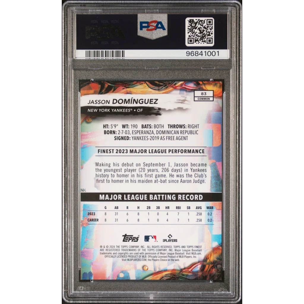 Graded PSA 10 2024 Topps Finest Jasson Dominguez Purple Refractor rookie card