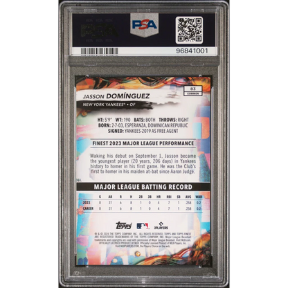 Graded PSA 10 2024 Topps Finest Jasson Dominguez Purple Refractor rookie card